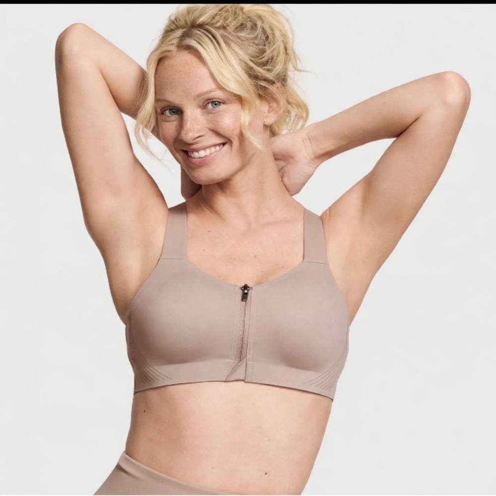 Victoria's Secret Front-Zip Wireless Sports Bra in Light Taupe 38D